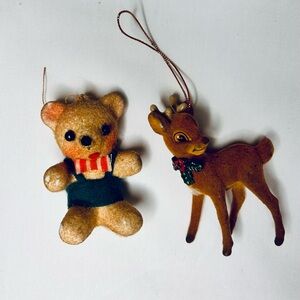 🎄Vintage flocked Christmas ornaments. Includes an adorable teddy bear & Reindeer